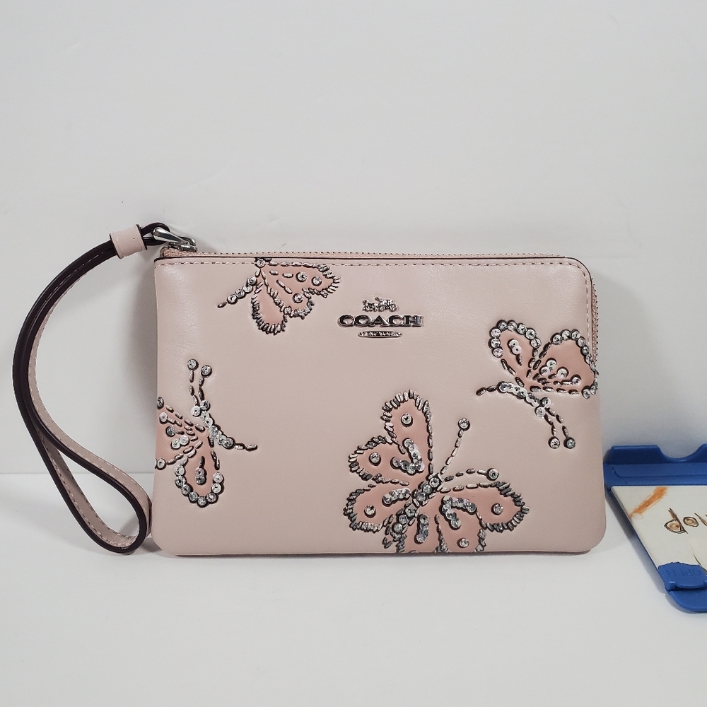Coach Corner Zip Wristlet With Sparkly Butterfly Print NWT